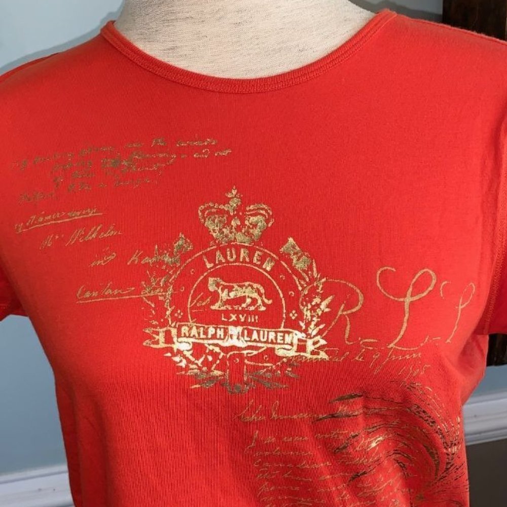 Lauren Jeans Company Tee Shirt Orange Gold Letters